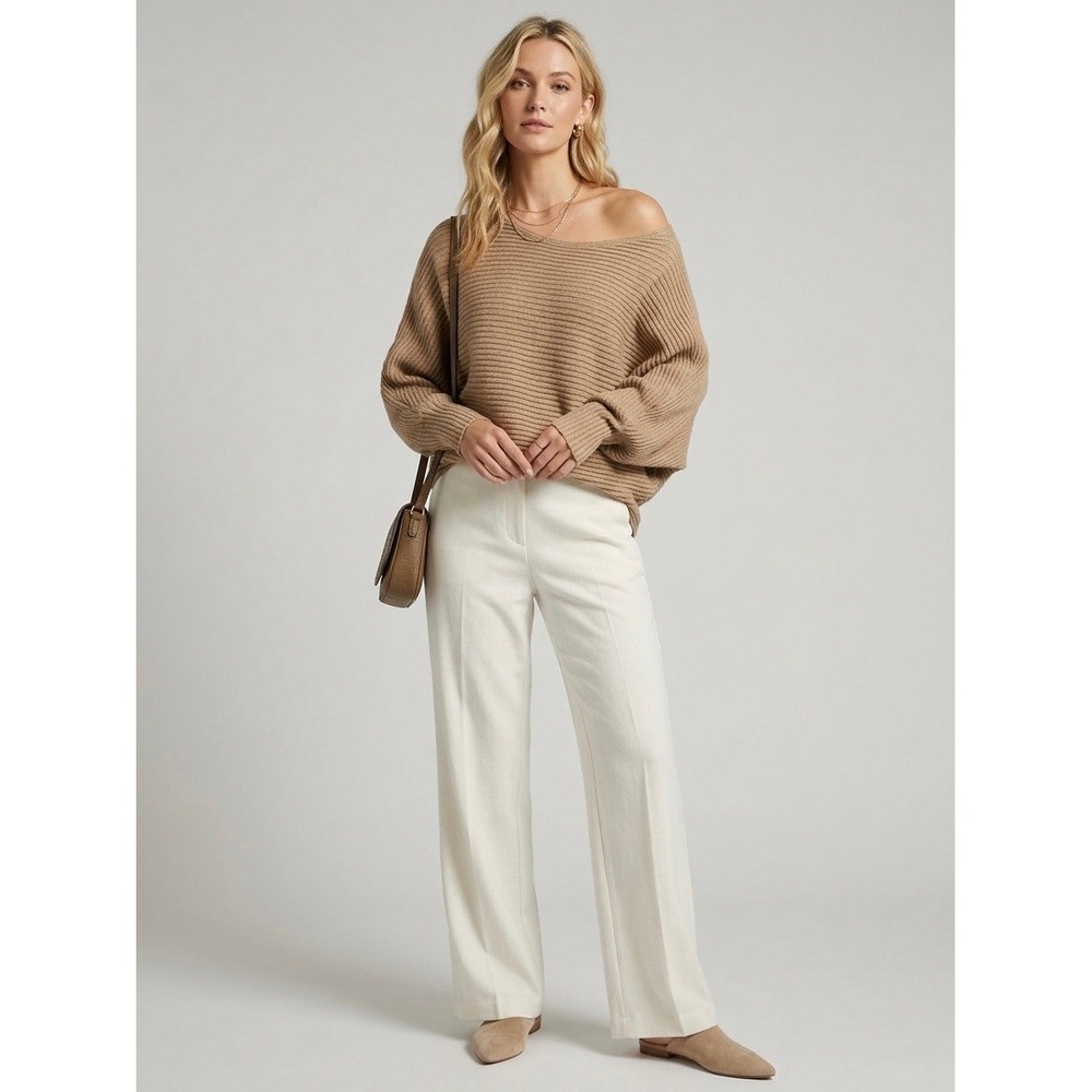 By Anthropologie Ribbed Batwing Sweater Tan Camel Boat Neck Oversized size XL